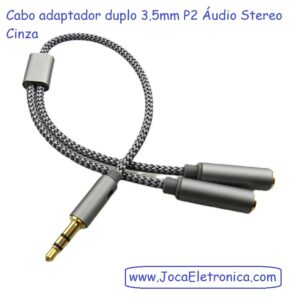 Cabo adaptador duplo 3.5mm P2 Áudio Stereo Cinza