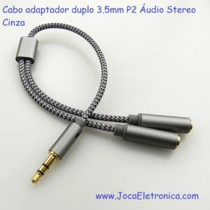 Cabo adaptador duplo 3.5mm P2 Áudio Stereo Cinza