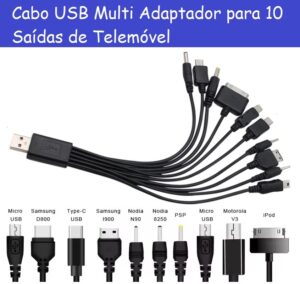 Cabo USB Multi Adaptador para 10 Saídas de Telemovel