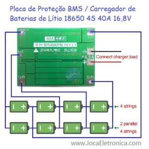 Placa de Proteção BMS / Carregador de Baterias de Lítio 18650 4S 40A 16,8V